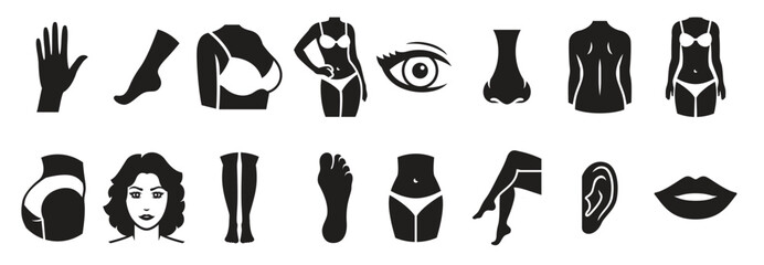  human body parts icons black on a white background