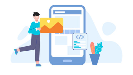 Web Developer Optimizing Site for Mobile Devices. Flat Vector Illustration