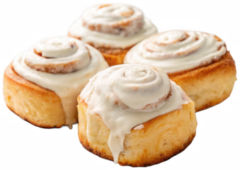 Warm, freshly baked, and generously frosted cinnamon rolls with a golden-brown, slightly caramelized exterior, artfully arranged in a close-up shot showcasing, isolated on transparent background.