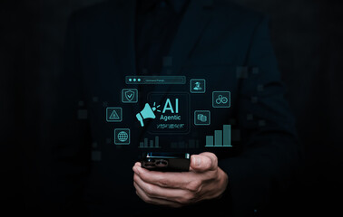A hand holding a smartphone with an agentic AI interface, representing autonomous artificial intelligence, smart decision systems, data-driven automation, and advanced digital business technology.
