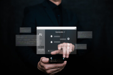 A person using a smartphone with a generative AI interface on a virtual screen, representing artificial intelligence, content generation, digital communication, automation, and modern technology.