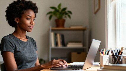 Young black woman working on a laptop at a modern home office  