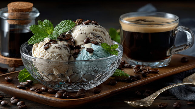 Tilted angle view of a double scoop serving of creamy coffee icecream garnished with mint and coffee beans
