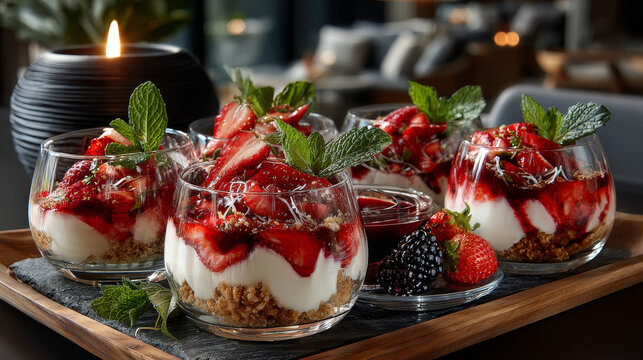 Assortment of creamy gourmet strawberry desserts layered in decorative patterns in individual glass containers