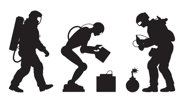 Bomb Disposal Experts in Action with Protective Gear in Monochromatic Silhouette for Security Illustration