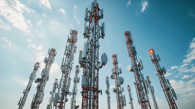 Cluster of tall communication towers rising against blue sky in modern telecom infrastructure site