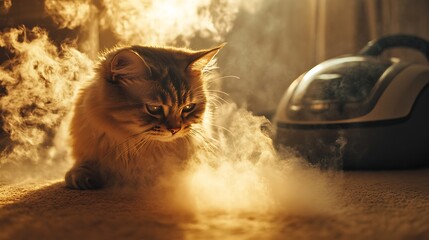 Indoor cat observing steam cleaning process with curious eyes under sun light