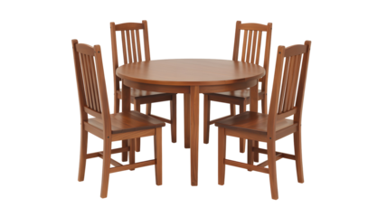 Solid wood round dining table with four slatted back chairs in a warm brown finish, set against a clean white background isolated on white or transparent background