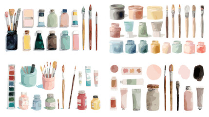 Watercolor art supplies and paint tools collection with brushes palettes jars and stationery perfect for creative projects art education branding and studio lifestyle design.
