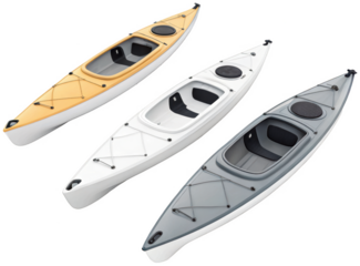 Three sleek, modern recreational kayaks, crafted from durable plastic and featuring molded seating and integrated footrests, are arranged in a slightly angled, isolated on transparent background.