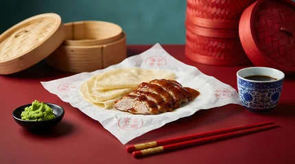 Wandcirkels Peking Classic Peking duck served with thin pancakes wasabi and tea.  © altafbeta