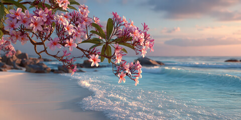 Pink frangipani flowers overhang a tranquil sandy beach with soft waves and rocks at sunset, portraying serene tropical beauty.
