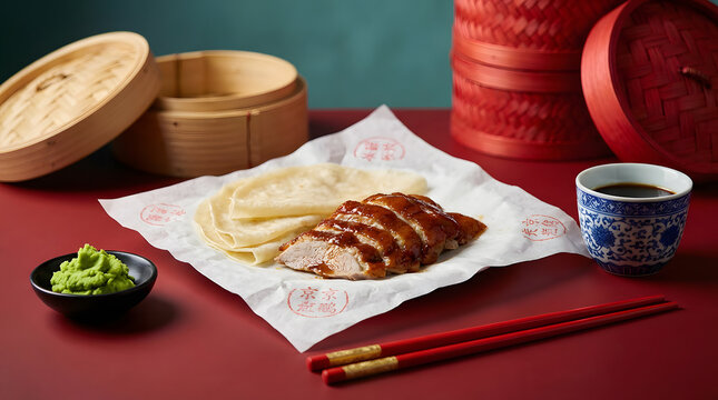 Classic Peking duck served with thin pancakes wasabi and tea.