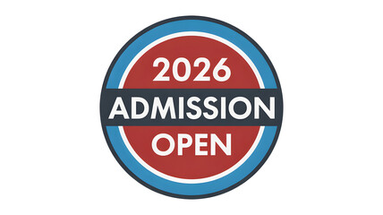 Circular badge graphic announcing 2026 admission open with red and blue colors isolated on white or transparent background