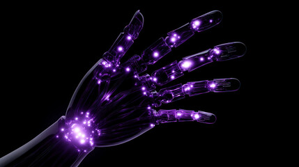 Robot hand with purple backlight on black background. Artificial Intelligence, Futuristic Digital Technology, Metaverse of Digital Intelligent World