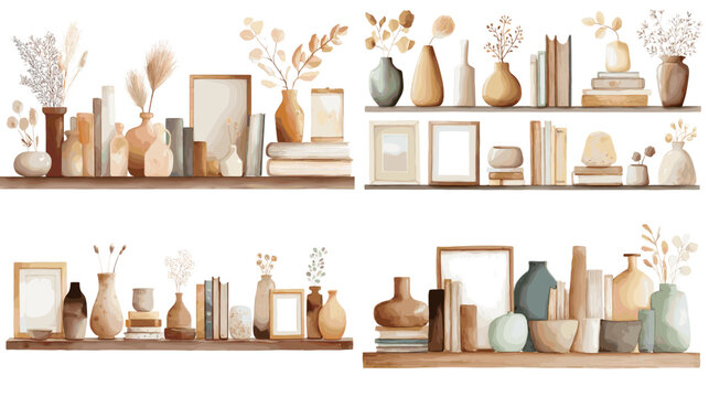 Watercolor still life shelf decor with vases books frames and neutral objects perfect for modern interior styling branding and minimalist lifestyle illustration.