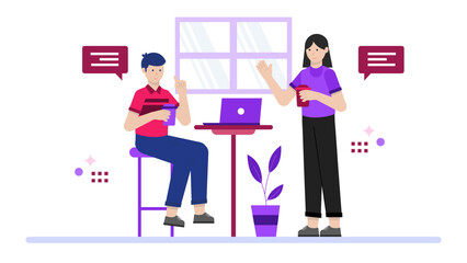 Colleagues Bonding During a Virtual Coffee Chat. Flat Vector Illustration