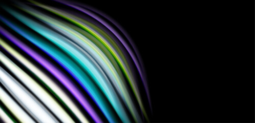 Naklejka premium Abstract colorful lines curve against black background. Gradient shades create dynamic visual effect. Smooth transitions, modern design.