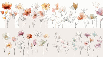 Watercolor wildflower collection with delicate blossoms and soft pastel tones ideal for romantic decor botanical branding invitations and elegant nature inspired design.
