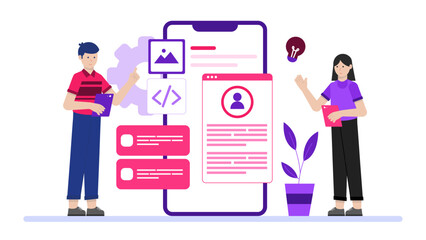 Mobile App Beta Testing with User Group. Flat Vector Illustration