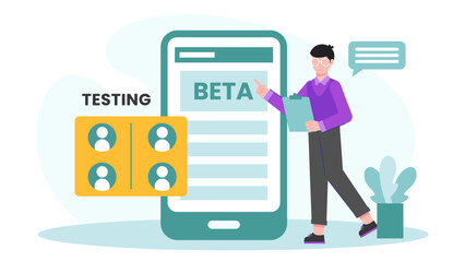 Mobile App Beta Testing with User Group. Flat Vector Illustration