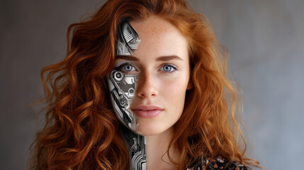 Fototapeta premium Portrait of a woman with red hair with a half robot face. Artificial Intelligence, Futuristic Digital Technology, Metaverse of Digital Intelligent World