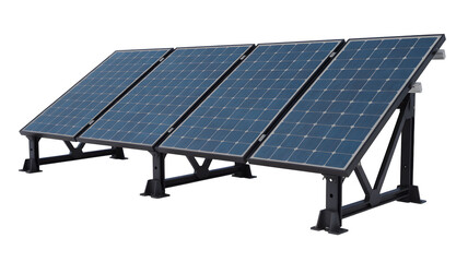Four blue solar panels on adjustable black metal stand angled on white background isolated on white or transparent background