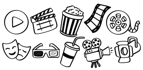 Set of hand drawn Cinema Movie theme Isolated Vector