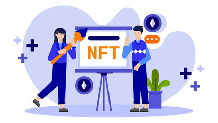 Fototapeta premium Digital Artist Creating NFT Collection. Flat Vector Illustration