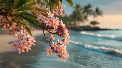Pink and white plumeria flowers in focus, with a tranquil beach and palm trees in the background during sunset.