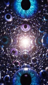 Hypnotic vortex of varied colored eyeballs and reflective orbs converging on a brilliant glow