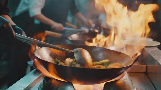 Chef cooking Asian food in a wok with dramatic flames in a busy restaurant kitchen