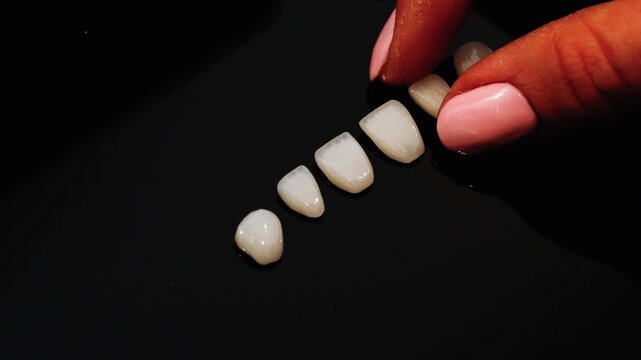 Close-up of porcelain veneers carefully placed on a black surface. Minimal, premium dental studio setting highlighting cosmetic treatment, precision, and modern smile restoration.