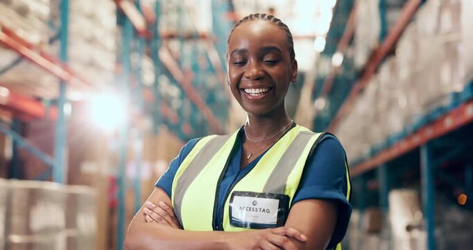 Arms crossed, face and logistics with black woman in warehouse for delivery or distribution shipping. Smile, supply chain and quality control with African person in storage depot for import or export