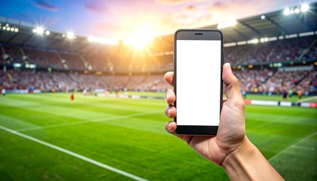 Hand Holding Phone Over Blurry Sports Stadium Crowd at Sunset