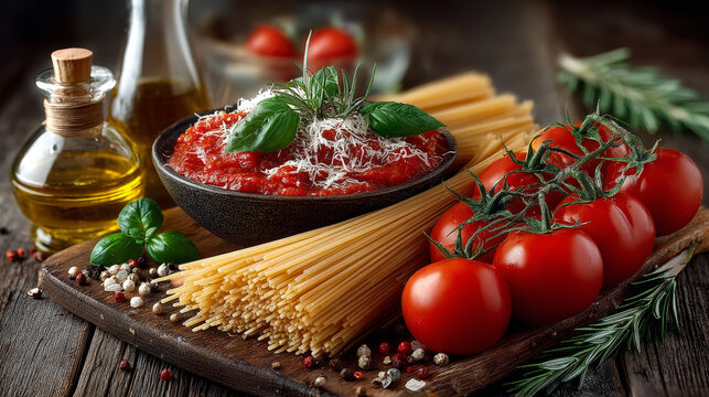 Bunch of raw spaghetti with a truss of tomatoes in a rustic scene