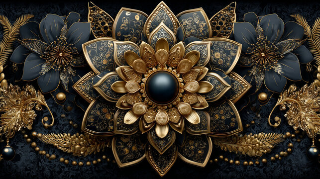Vintage baroque floral seamless pattern in gold over black. Golden element on black background. Ornate decoration. Luxury, royal and Victorian concept.