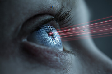 Close-up of human eye with barcode and laser beam scanning