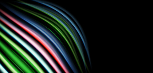 Abstract lines curve, creating vibrant color gradients against dark background. Smooth shapes suggest movement, energy, modern design.