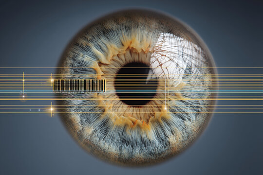 Close-up of human eye with futuristic digital barcode scan lines - Powered by Adobe
