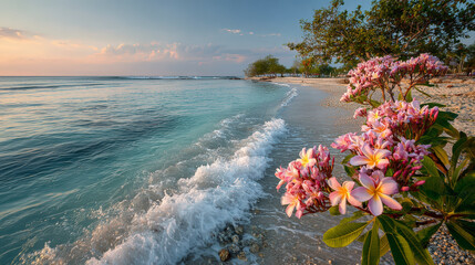 Tropical beach at sunset with frangipani flowers in the foreground and calm turquoise waters gently washing the sandy shore.