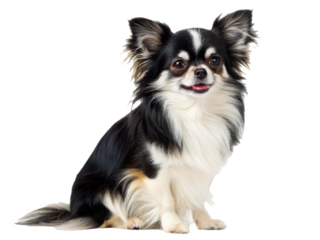 A charming, small, long-haired Chihuahua with a distinctive black and white coat pattern sits attentively in a slightly angled pose, displaying a playful, isolated on transparent background.