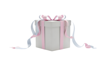 Elegant white gift box with delicate pink and blue ribbons, symbolizing joy, celebration, and thoughtful giving for special occasions