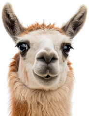 Obraz premium A strikingly close-up, fluffy, and endearing llama with soft, beige fur and dark brown eyes, captured in a detailed photograph showcasing its gentle expression, isolated on transparent background.