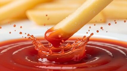 French Fry Splashing into Ketchup with Droplets Suspended Mid-Air