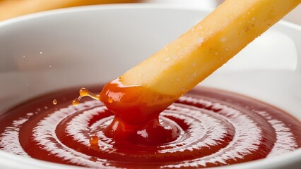 Golden French Fry Dipping into Swirled Ketchup in White Bowl Close-Up