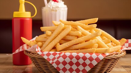 Classic Fries and Milkshake Combo in Diner Setting with Red Accents
