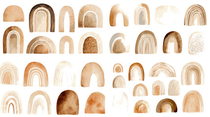 Minimal watercolor rainbow arches in warm neutral tones perfect for boho nursery decor modern prints branding and calming aesthetic design compositions.