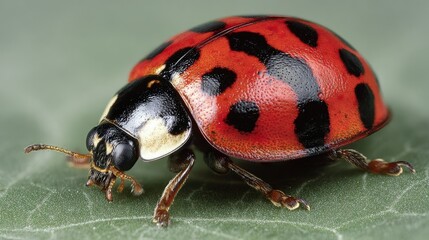 Extreme closeup captures vibrant red and black spotted beetle resting upon a textured green leaf surface