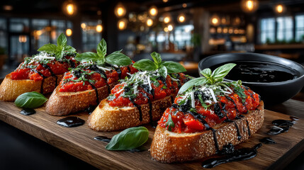 Tomato bruschetta topped with olive and basil on slices of crisp crusty toasted or grilled baguette lying on an old grunge badly scored wooden chopping board, low angle view with shallow dof
